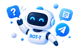 Маскот центра помощи BOT-T — робот-ассистент с иконками Telegram и FAQ